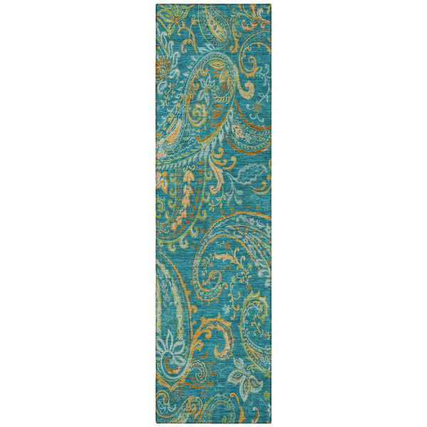 Homeroots 2' Artichoke Green Paisley Washable Indoor-outdoor Runner Rug For Easy Care And Style Teal Polyester 561465