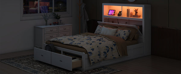 English Elm Wood Queen Size Hydraulic Platform Bed with LED Headboard, Charging Station, Hidden Storage Drawers and Shelves White GX000372AAK