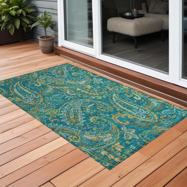 Homeroots 2' Artichoke Green Paisley Washable Indoor-outdoor Runner Rug For Easy Care And Style Teal Polyester 561467