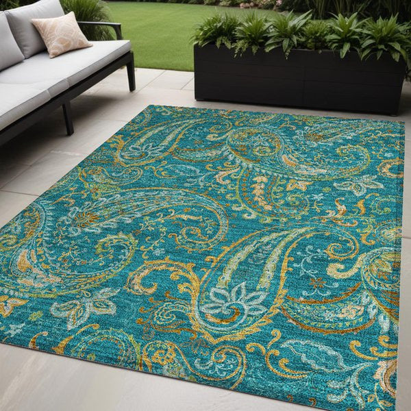Homeroots 2' Artichoke Green Paisley Washable Indoor-outdoor Runner Rug For Easy Care And Style Teal Polyester 561468