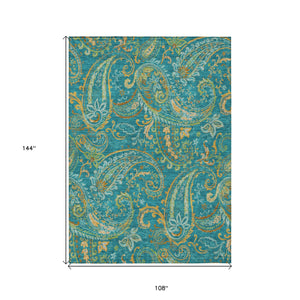 Homeroots 9' X 12' Teal Paisley Washable Non Skid Indoor Outdoor Area Rug Teal Polyester 561471
