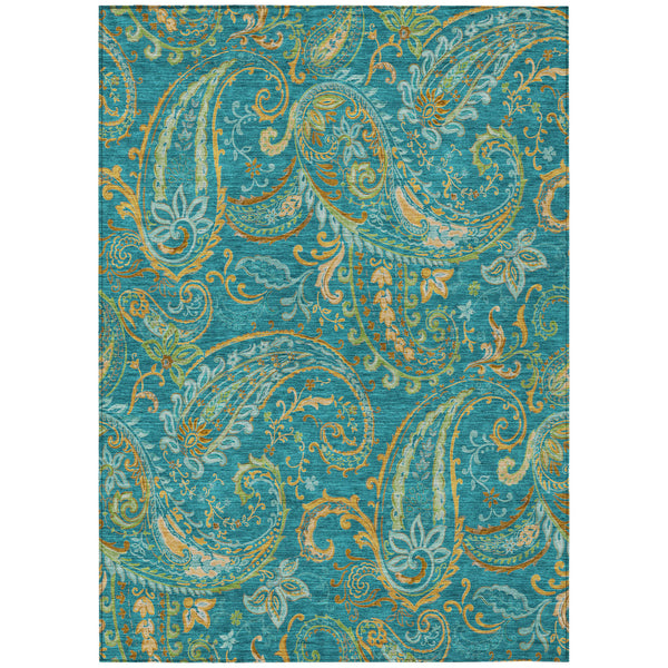 Homeroots 9' X 12' Teal Paisley Washable Non Skid Indoor Outdoor Area Rug Teal Polyester 561471