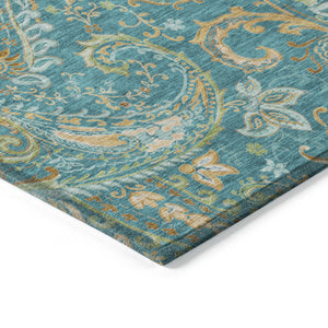 Homeroots 9' X 12' Teal Paisley Washable Non Skid Indoor Outdoor Area Rug Teal Polyester 561471
