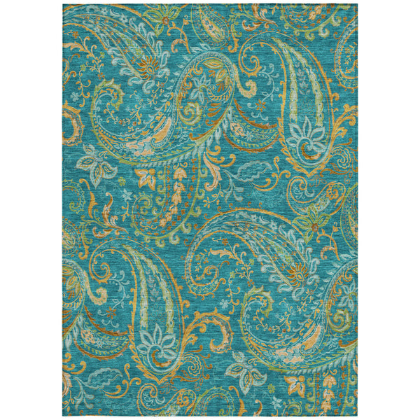 Homeroots 9' X 12' Teal Paisley Washable Non Skid Indoor Outdoor Area Rug Teal Polyester 561471
