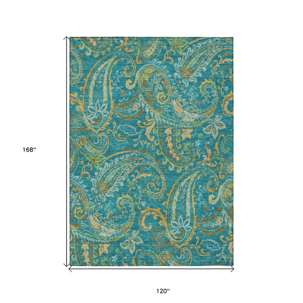 Homeroots 10' X 14' Teal Paisley Washable Non Skid Indoor Outdoor Area Rug Teal Polyester 561472