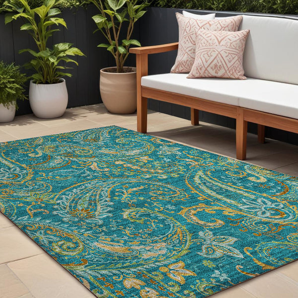 Homeroots 10' X 14' Teal Paisley Washable Non Skid Indoor Outdoor Area Rug Teal Polyester 561472