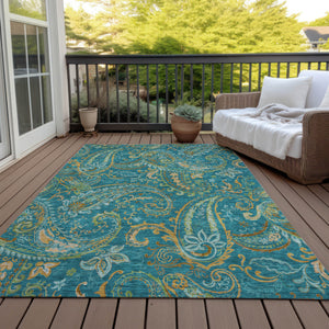 Homeroots 10' X 14' Teal Paisley Washable Non Skid Indoor Outdoor Area Rug Teal Polyester 561472