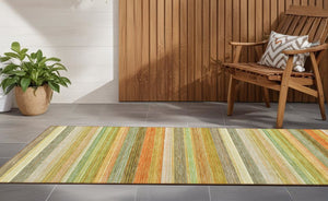 Homeroots 2' Artichoke Green Striped Washable Non-skid Runner Rug For Indoor And Outdoor Spaces, 90" Long Aloe Polyester 561512