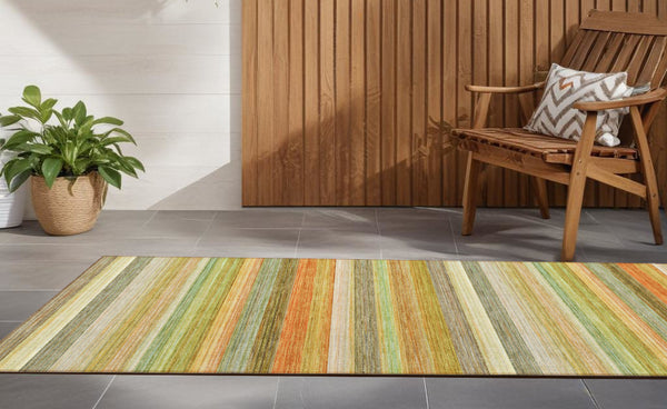 Homeroots 2' Artichoke Green Striped Washable Non-skid Runner Rug For Indoor And Outdoor Spaces, 90" Long Aloe Polyester 561512