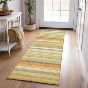 Homeroots 2' Artichoke Green Striped Washable Non-skid Runner Rug For Indoor And Outdoor Spaces, 90" Long Aloe Polyester 561512