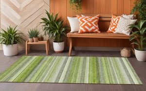 Homeroots 2' Artichoke Green Striped Washable Non-skid Runner Rug For Indoor And Outdoor Spaces, 90" Long Fern Polyester 561521