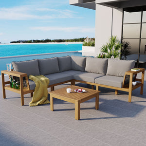 English Elm <old Old Sku Acacia Wood L-shaped Patio Sectional with Woven Rope Armrests Resort Cushioned Set Gray,Natural N704F201249E