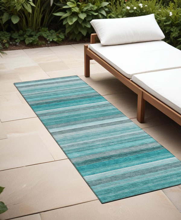 Homeroots 2' Artichoke Green Striped Washable Non-skid Runner Rug For Indoor And Outdoor Spaces, 90" Long Teal Polyester 561539