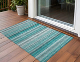 Homeroots 3' X 5' Teal Striped Washable Non Skid Indoor Outdoor Area Rug Teal Polyester 561541