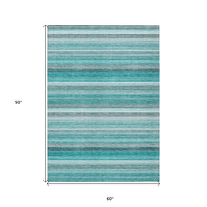 Homeroots 5' X 8' Teal Striped Washable Non Skid Indoor Outdoor Area Rug Teal Polyester 561542