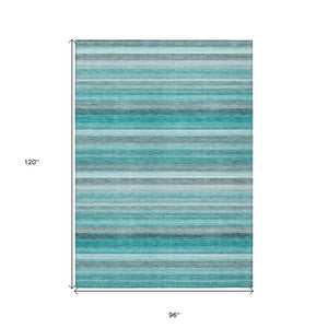 Homeroots 8' X 10' Teal Striped Washable Non Skid Indoor Outdoor Area Rug Teal Polyester 561544