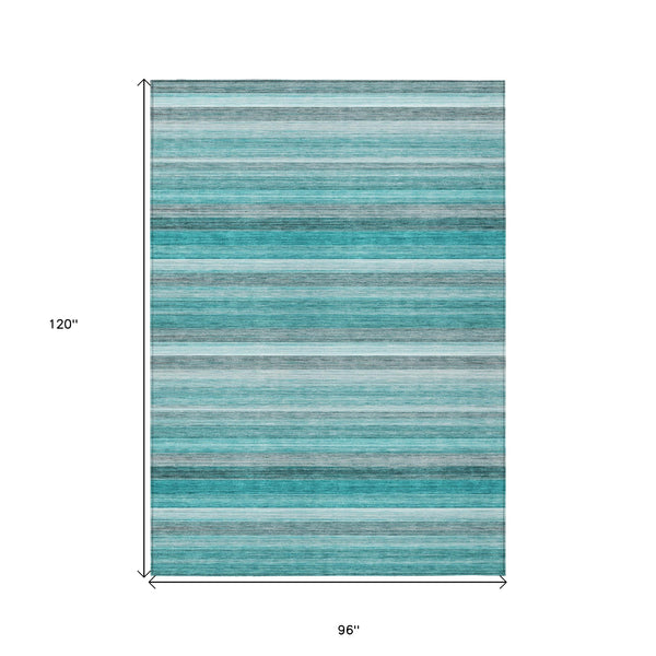 Homeroots 8' X 10' Teal Striped Washable Non Skid Indoor Outdoor Area Rug Teal Polyester 561544