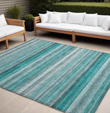 Homeroots 8' X 10' Teal Striped Washable Non Skid Indoor Outdoor Area Rug Teal Polyester 561544