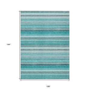 Homeroots 9' X 12' Teal Striped Washable Non Skid Indoor Outdoor Area Rug Teal Polyester 561545