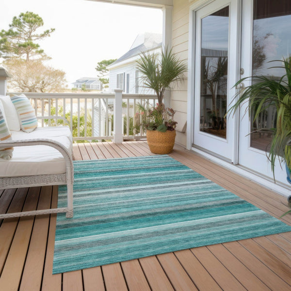 HomeRoots 5' X 8' Artichoke Green Striped Area Rug - Stylish, Washable, Non-Skid, Perfect for Indoor & Outdoor Use Teal 561545