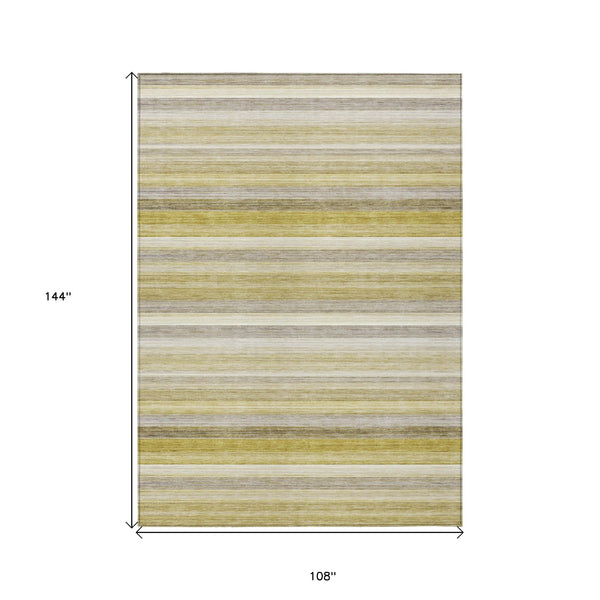 Homeroots 9' X 12' Yellow Beige And Gray Striped Washable Non Skid Indoor Outdoor Area Rug Wheat Polyester 561554