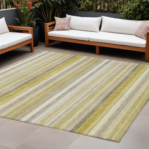 Homeroots 10' X 14' Yellow Beige And Gray Striped Washable Non Skid Indoor Outdoor Area Rug Wheat Polyester 561555