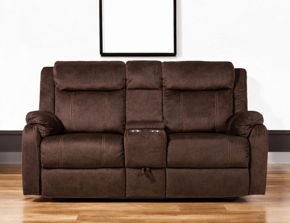 HomeRoots 70" Dark Brown Manual Reclining Loveseat with Center Console Storage & Plush Comfort for Two 561564