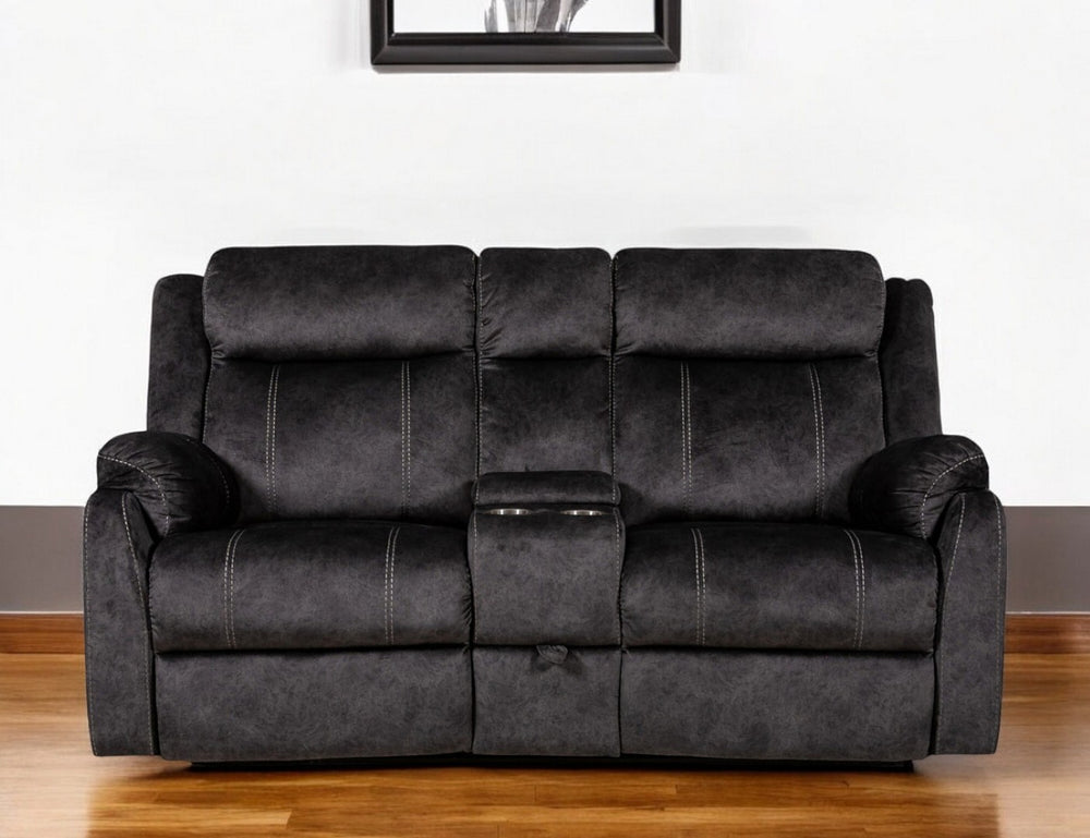HomeRoots 70" Dark Gray Microfiber Reclining Loveseat with Storage Console - Perfect for Small Spaces & Comfort 561565