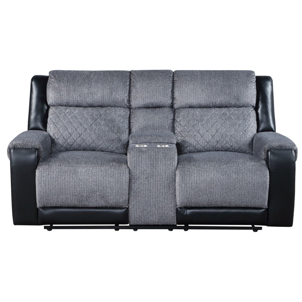HomeRoots 76" Gray and Black Faux Leather Reclining Loveseat with Storage & Cup Holders for Cozy Spaces 561566