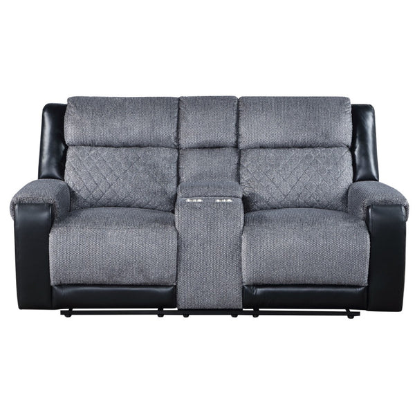 HomeRoots 76" Gray and Black Faux Leather Reclining Loveseat with Storage & Cup Holders for Cozy Spaces 561566