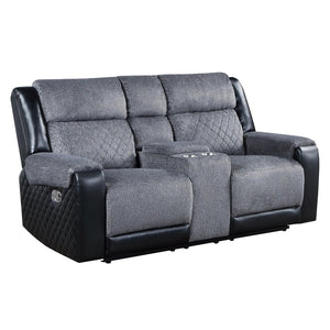 HomeRoots 76" Gray and Black Faux Leather Reclining Loveseat with Storage & Cup Holders for Cozy Spaces 561566