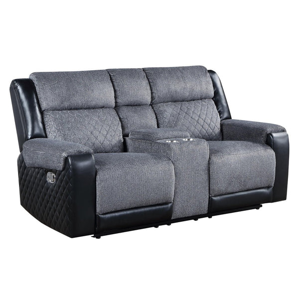 HomeRoots 76" Gray and Black Faux Leather Reclining Loveseat with Storage & Cup Holders for Cozy Spaces 561566