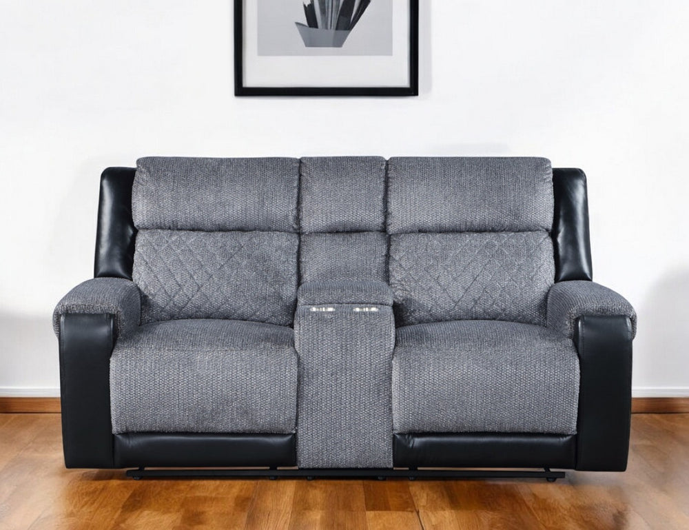HomeRoots 76" Gray and Black Faux Leather Reclining Loveseat with Storage & Cup Holders for Cozy Spaces 561566