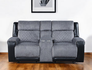 HomeRoots 76" Gray and Black Faux Leather Reclining Loveseat with Storage & Cup Holders for Cozy Spaces 561566