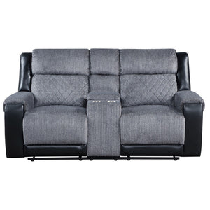 HomeRoots 76" Gray and Black Faux Leather Reclining Loveseat with Storage & Cup Holders for Cozy Spaces 561566