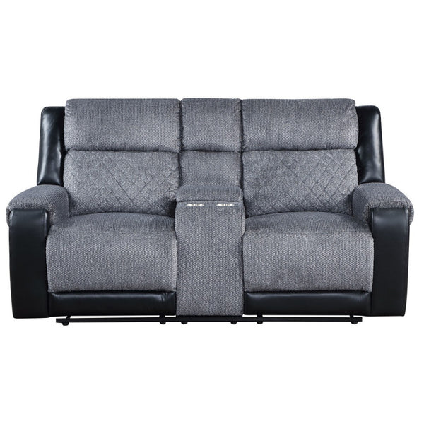 HomeRoots 76" Gray and Black Faux Leather Reclining Loveseat with Storage & Cup Holders for Cozy Spaces 561566