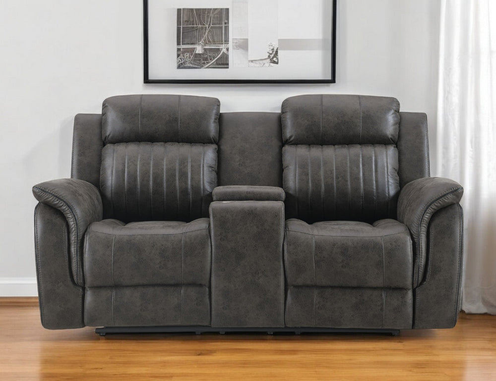 HomeRoots 74" Gray Faux Leather Reclining Loveseat with Storage, Cup Holders & Plush Comfort for 2 People 561568