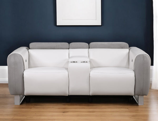 Homeroots 77" Gray White And Silver Faux Leather And Microfiber Power Reclining Loveseat With Storage   561569