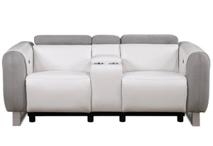 Homeroots 77" Gray White And Silver Faux Leather And Microfiber Power Reclining Loveseat With Storage   561569