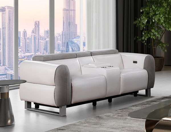 Homeroots 77" Gray White And Silver Faux Leather And Microfiber Power Reclining Loveseat With Storage   561569