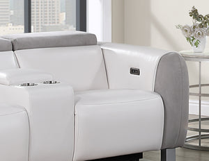 Homeroots 77" Gray White And Silver Faux Leather And Microfiber Power Reclining Loveseat With Storage   561569