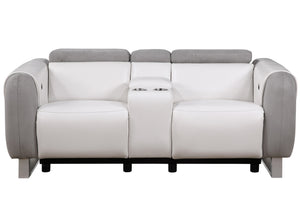 Homeroots 77" Gray White And Silver Faux Leather And Microfiber Power Reclining Loveseat With Storage   561569