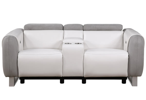 Homeroots 77" Gray White And Silver Faux Leather And Microfiber Power Reclining Loveseat With Storage   561569