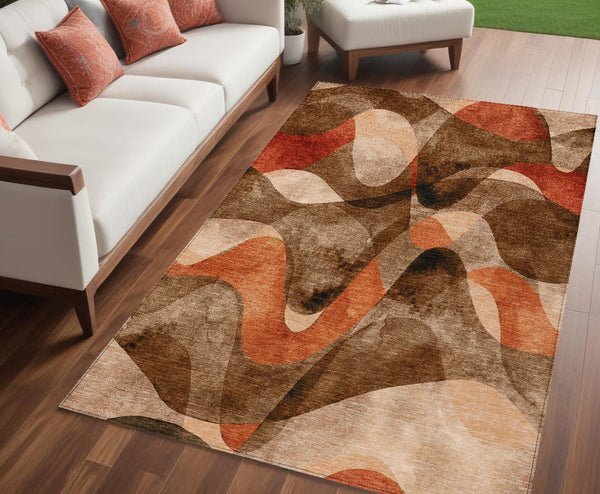 Homeroots 5' X 8' Abstract Washable Non-skid Area Rug For Indoor & Outdoor Spaces - Stain Resistant Design Chocolate Polyester 561574