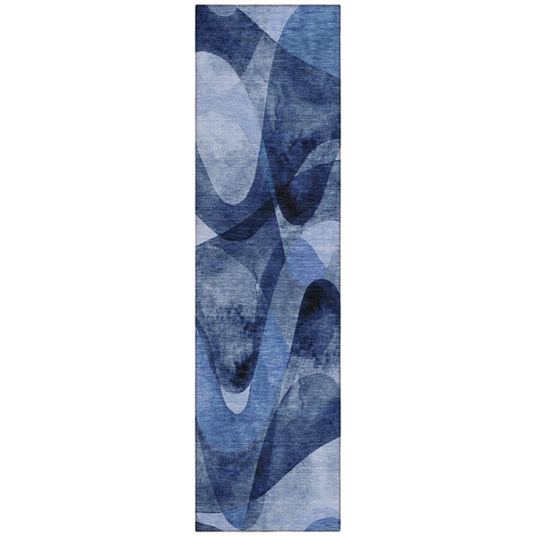 Homeroots 2' X 8' Navy Blue Abstract Washable Non Skid Indoor Outdoor Runner Rug Navy Polyester 561598