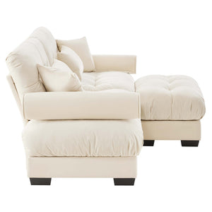 English Elm Over Size Modern Two-Seater Sofa With Ottoman - Luxurious Velvet, Bolster Armrests, Cream Comfort W714S01069-GIGA