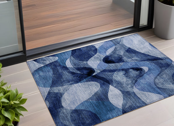 Homeroots 3' X 5' Navy Blue Abstract Washable Non Skid Indoor Outdoor Area Rug Navy Polyester 561600