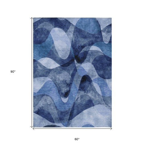 Homeroots 5' X 8' Abstract Washable Non-skid Area Rug For Indoor & Outdoor Spaces - Stain Resistant Design Navy Polyester 561601