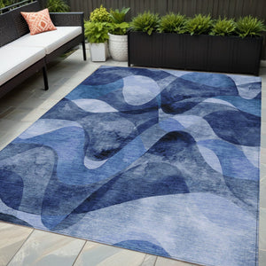 Homeroots 5' X 8' Abstract Washable Non-skid Area Rug For Indoor & Outdoor Spaces - Stain Resistant Design Navy Polyester 561601