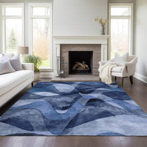Homeroots 9' X 12' Navy Blue Abstract Washable Non Skid Indoor Outdoor Area Rug Navy Polyester 561604